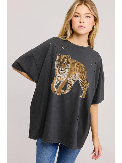 Vintage Tiger Graphic Distressed Oversized Seamless Tee