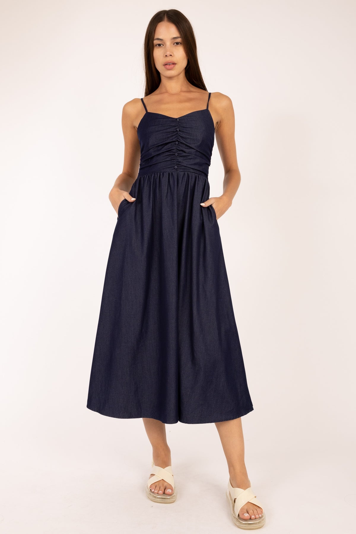Shirring Flared Midi Dress