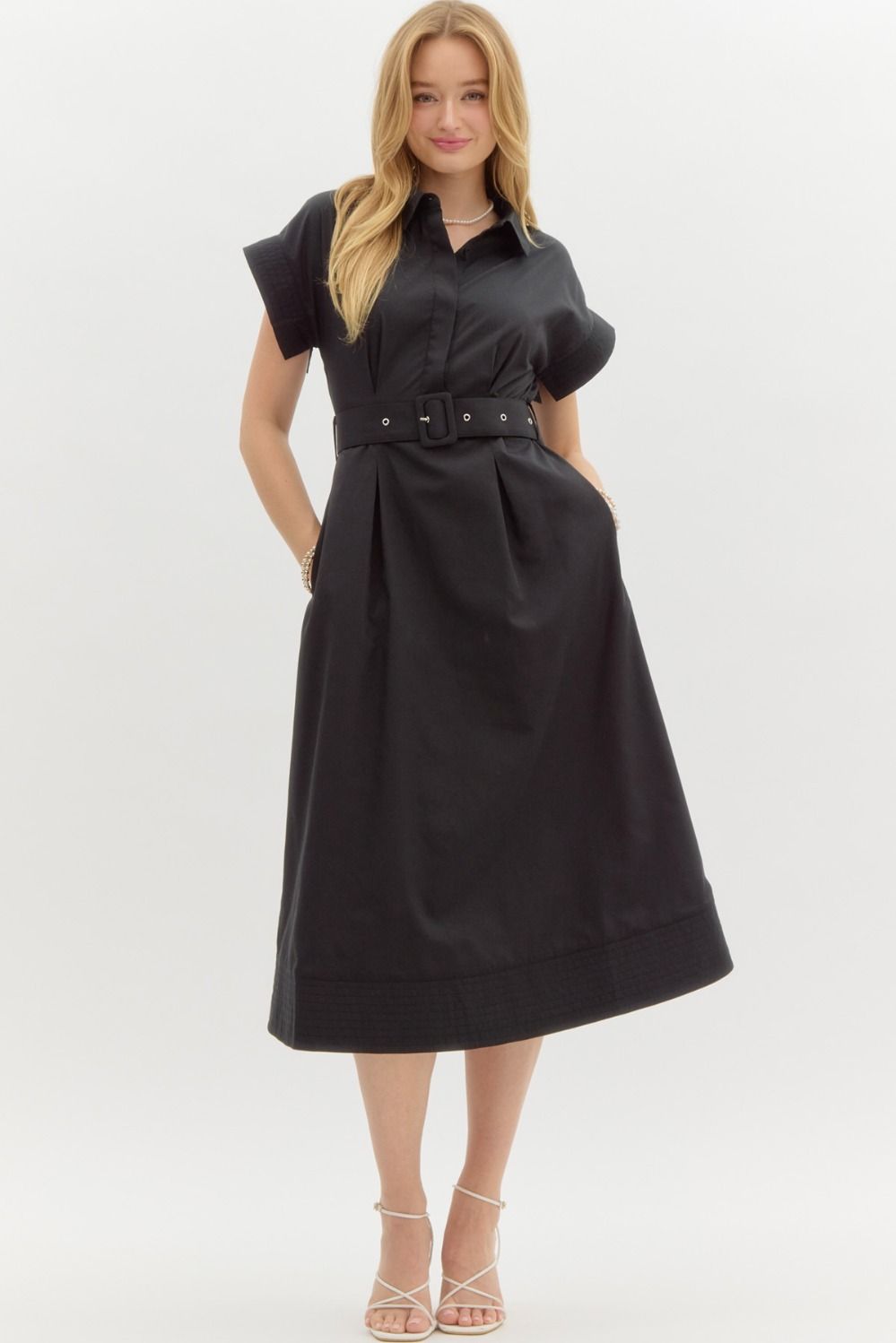 Short Sleeve Belted Midi Dress