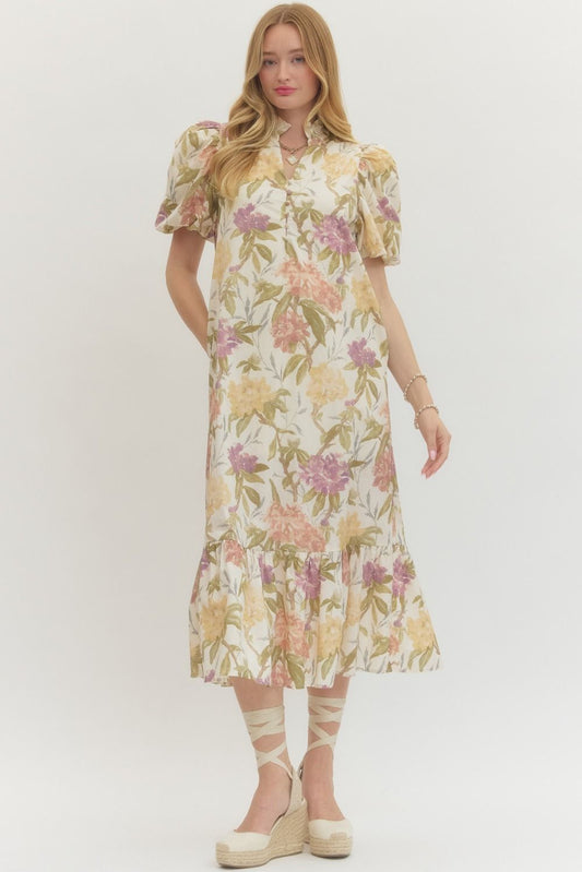 Split Ruffle Neck Floral Midi Dress