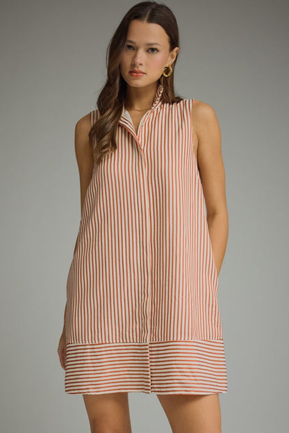 Striped Collared Sleeveless Mini Dress