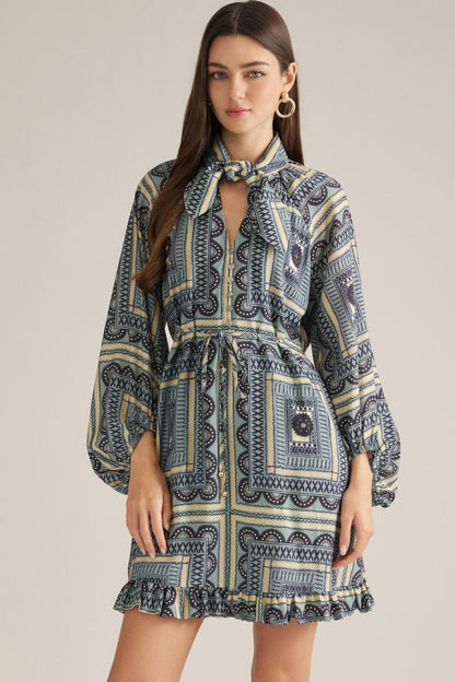 Printed Long Balloon Sleeve Mini Dress