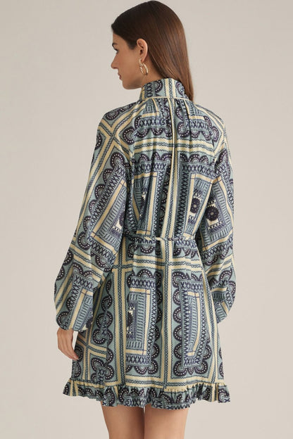 Printed Long Balloon Sleeve Mini Dress