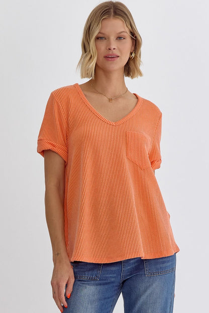V-NECK TOP WITH ROLLED SLEEVE