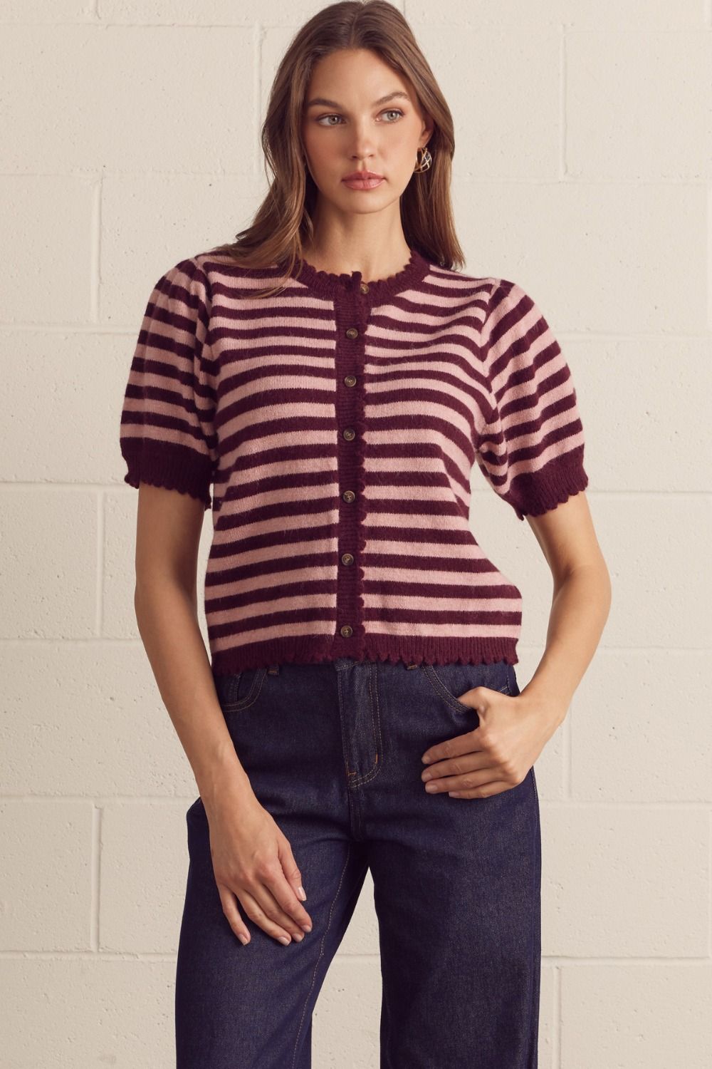 Striped Short Puff Sleeve Knit Cardigan