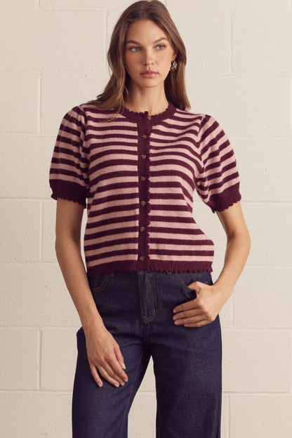 Striped Short Puff Sleeve Knit Cardigan