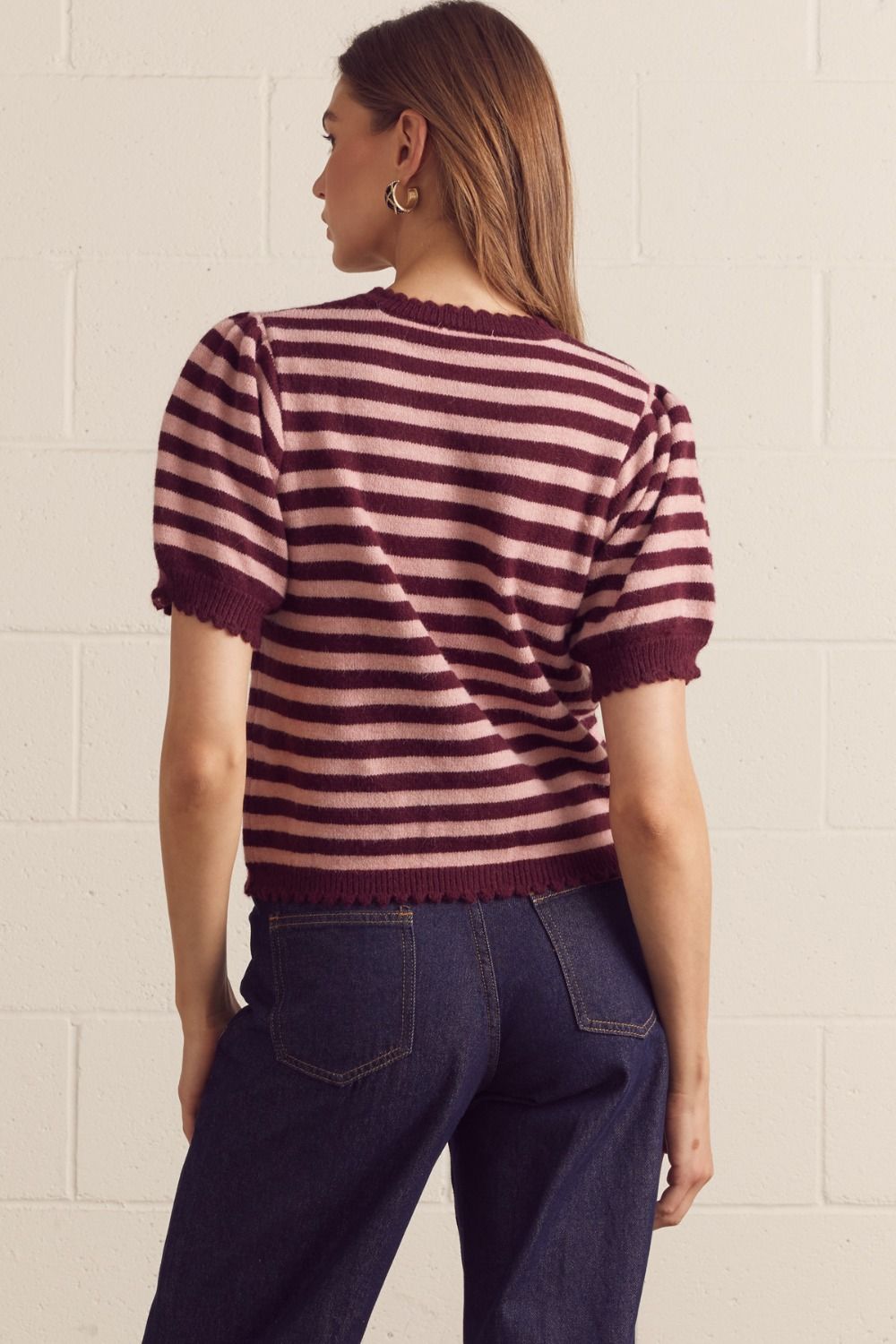 Striped Short Puff Sleeve Knit Cardigan