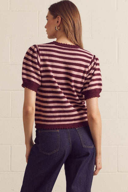 Striped Short Puff Sleeve Knit Cardigan