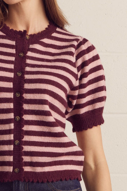 Striped Short Puff Sleeve Knit Cardigan