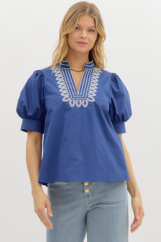 Embroidered V Neck Top