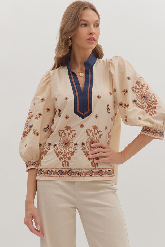 Floral Embroidered Contrast Band Top