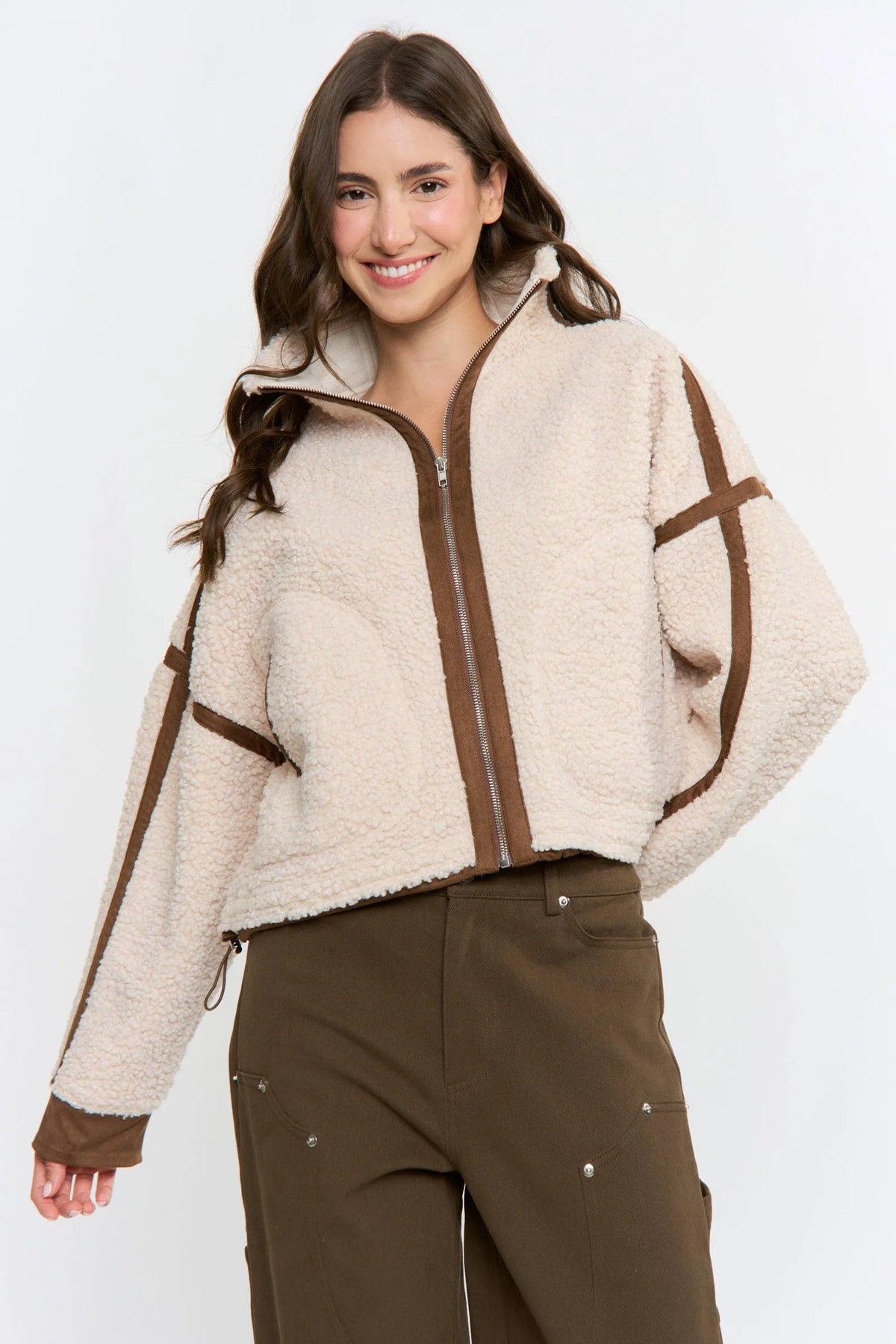 Cream Sherpa Coat with Suede Accents