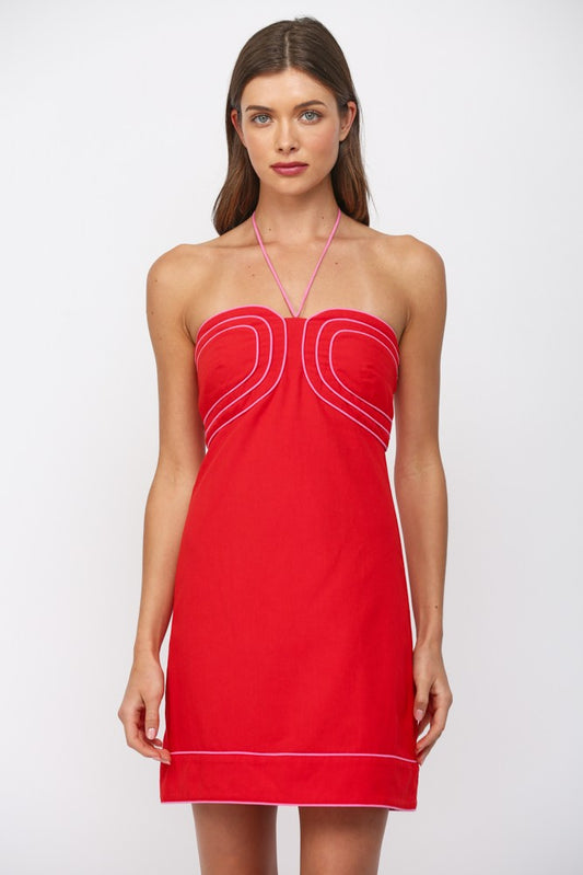 Halter Contrast Piping Mini Dress