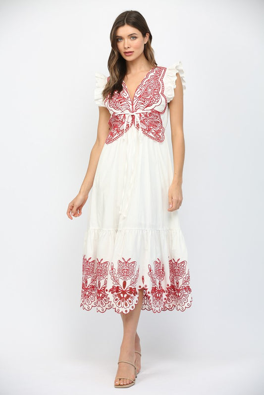 Cut Out Embroidered Flutter Sleeve Dress