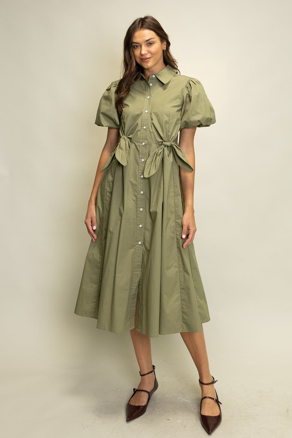 Knotted Front Shirt Midi Dress