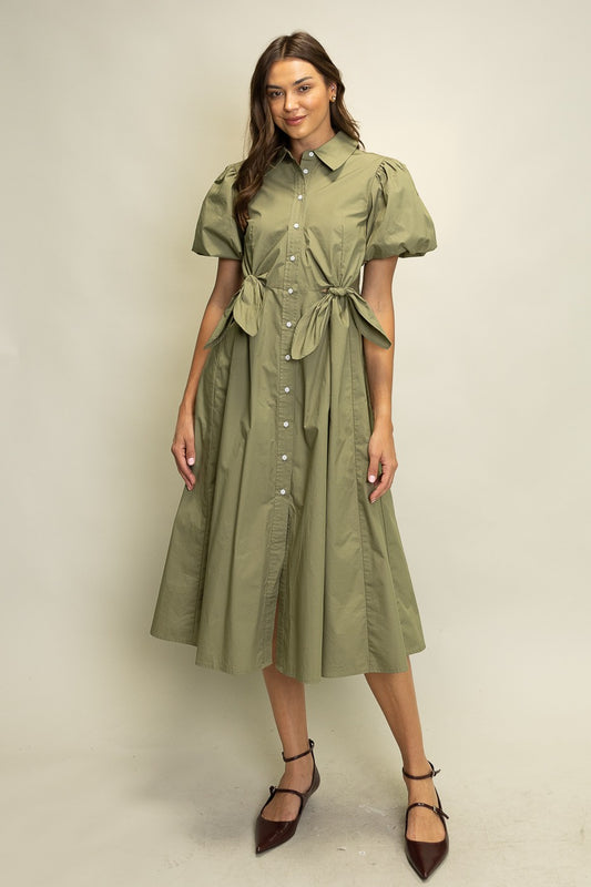 Knotted Front Shirt Midi Dress