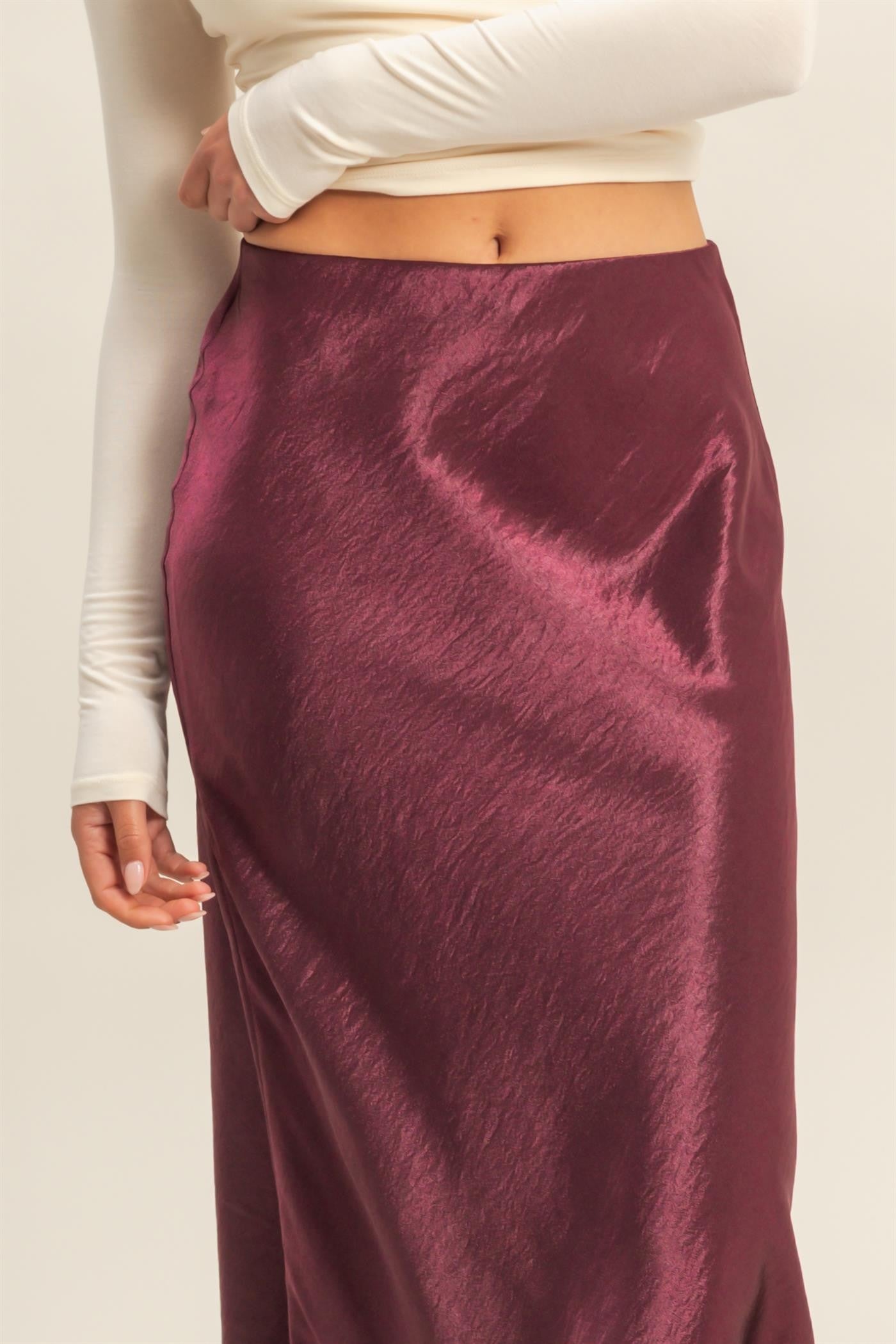 High Waisted A Line Satin Midi Skirt