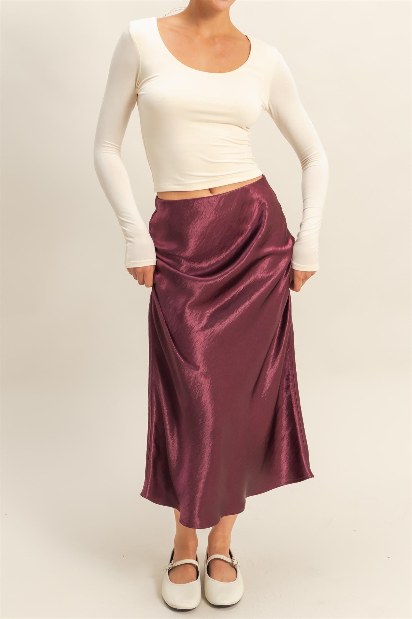 High Waisted A Line Satin Midi Skirt