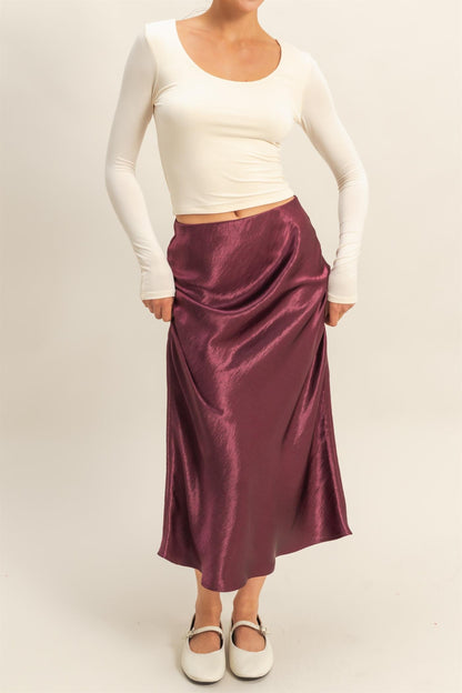 High Waisted A Line Satin Midi Skirt