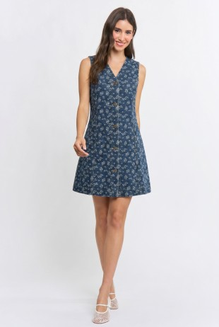 FLORAL DITSY PRINT DENIM BUTTON-FRONT DRESS