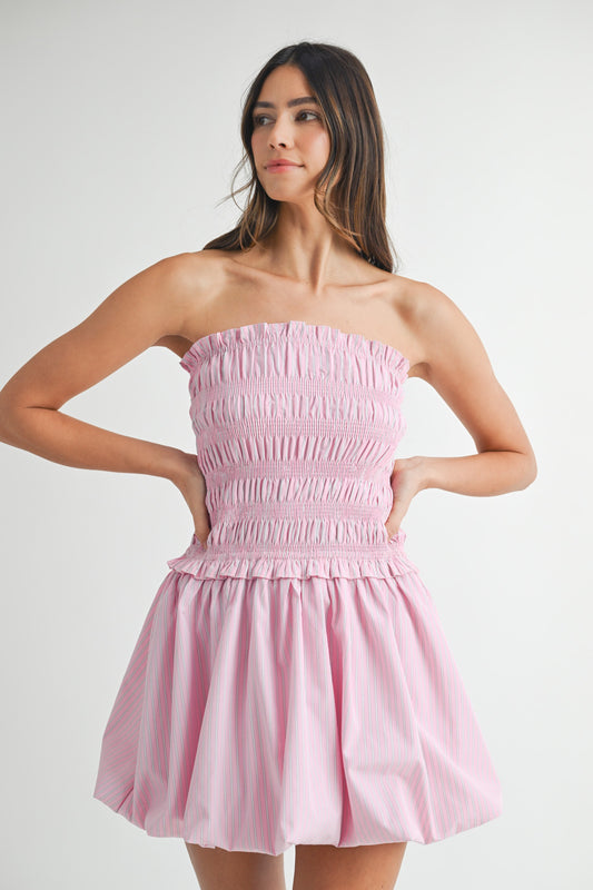 Shirred Stripe Balloon Mini Dress