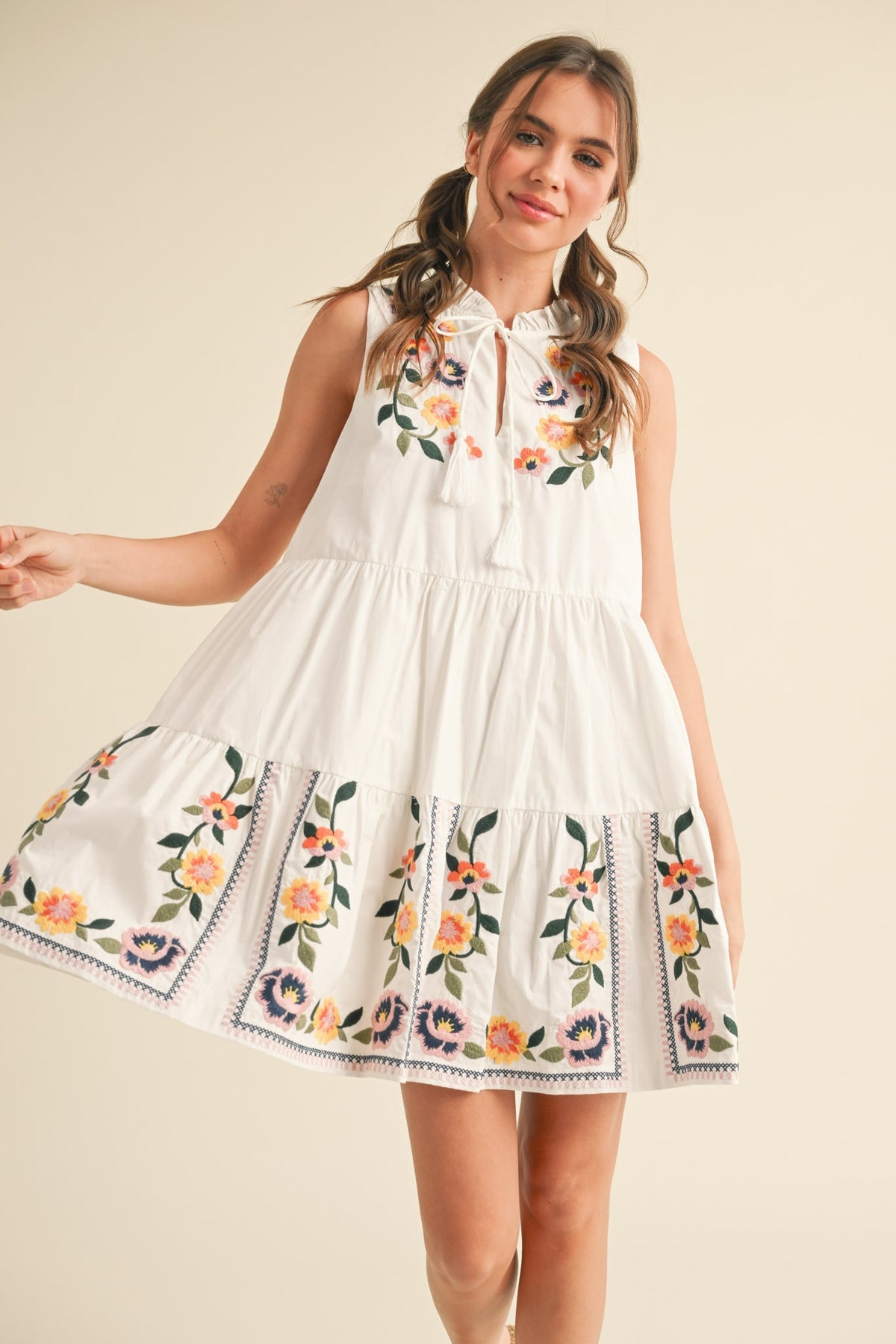 Floral Embroidered Tie Neck Dress
