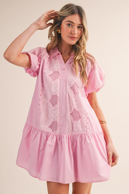 Collared Button Down Puff Sleeve Dress