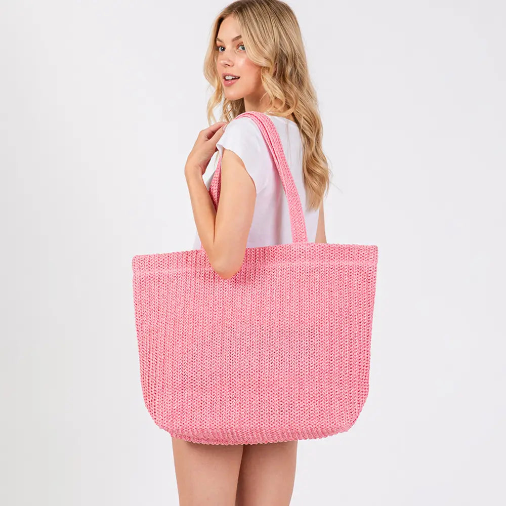 Solid Crochet Straw Tote Bag