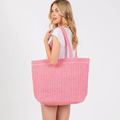 Solid Crochet Straw Tote Bag