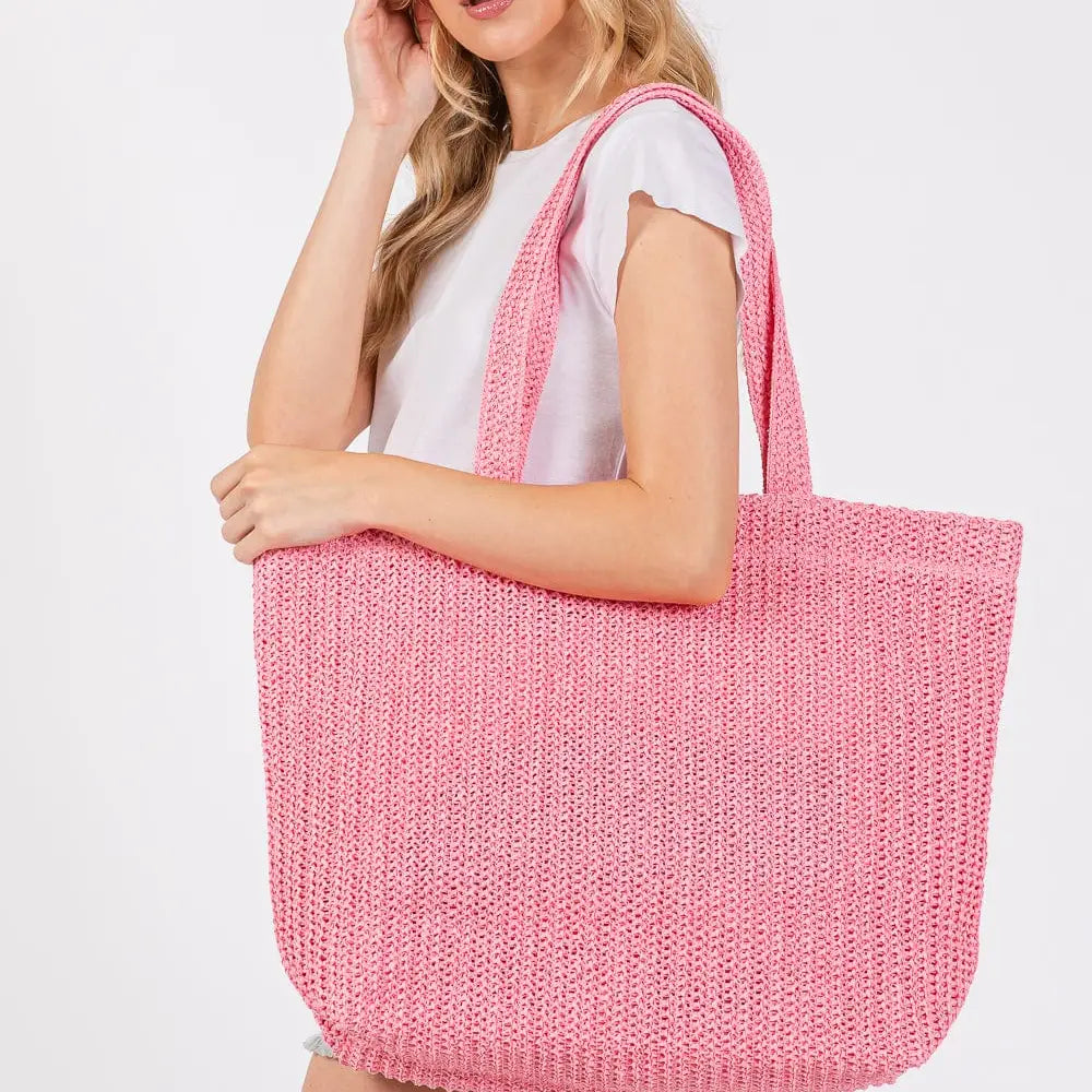 Solid Crochet Straw Tote Bag