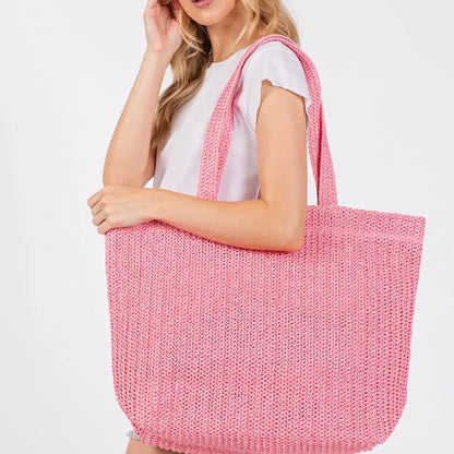 Solid Crochet Straw Tote Bag