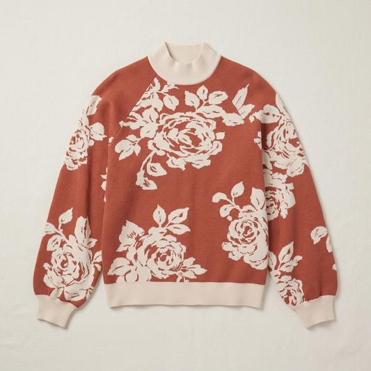 Bold Floral Jacquard Knit Mock Neckline Sweater