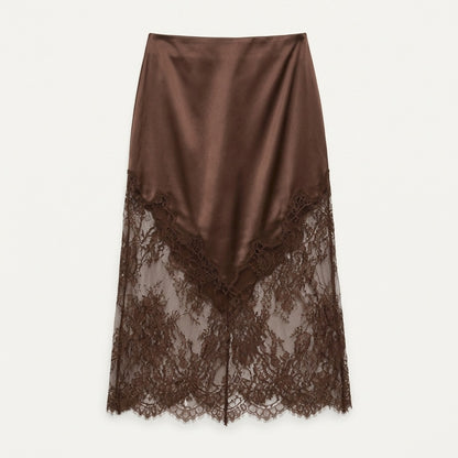 Lace Trim Satin Slip Midi Skirt