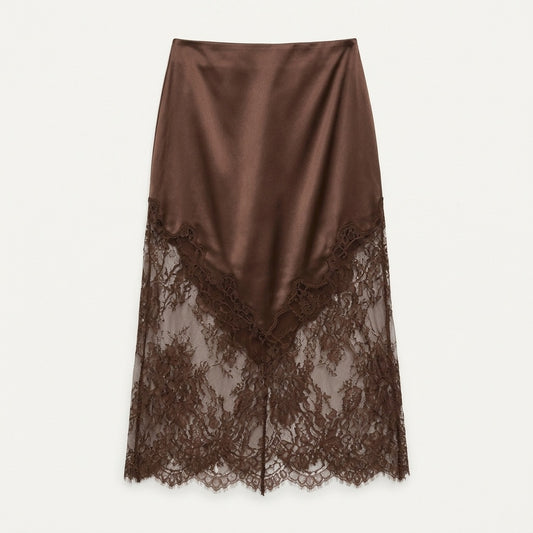 Lace Trim Satin Slip Midi Skirt