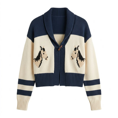 Horse Jacquard Shawl Collar Contrast Panelling Knit Cardigan