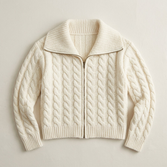 HIGH NECK CABLE KNITTED ZIP UP CARDIGAN