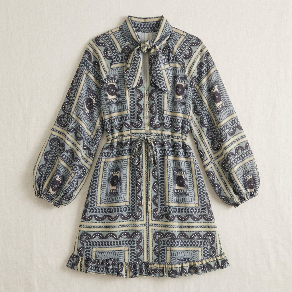 Printed Long Balloon Sleeve Mini Dress