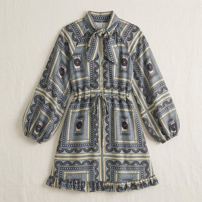 Printed Long Balloon Sleeve Mini Dress