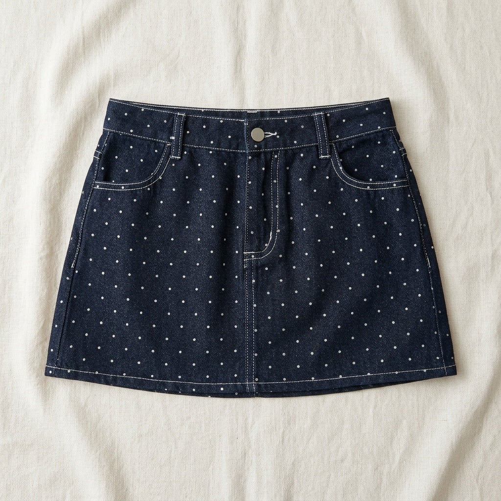 Low Rise Polka Dot Denim Mini Skirt