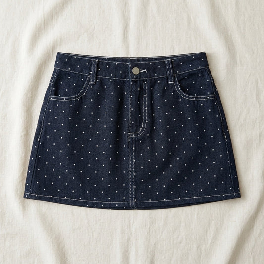 Low Rise Polka Dot Denim Mini Skirt