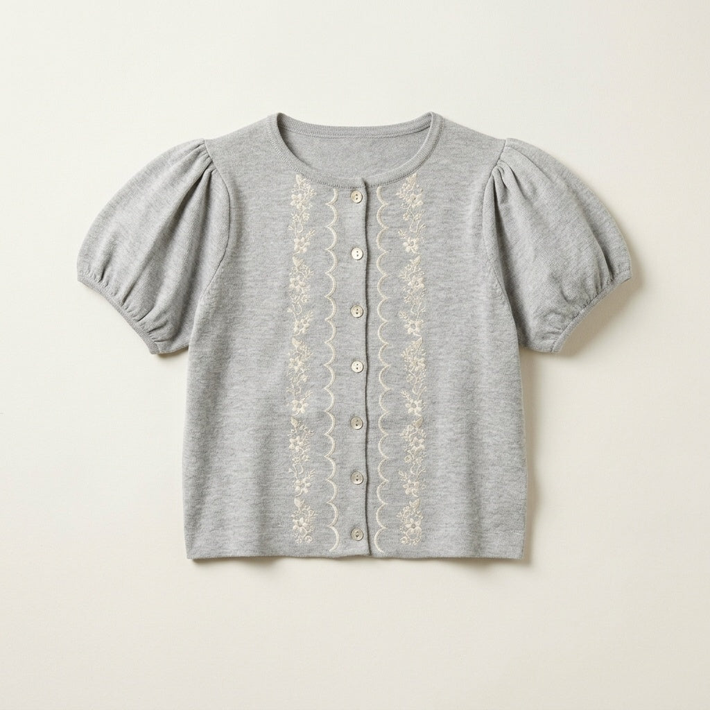 Embroidered Puff Sleeve Cardigan