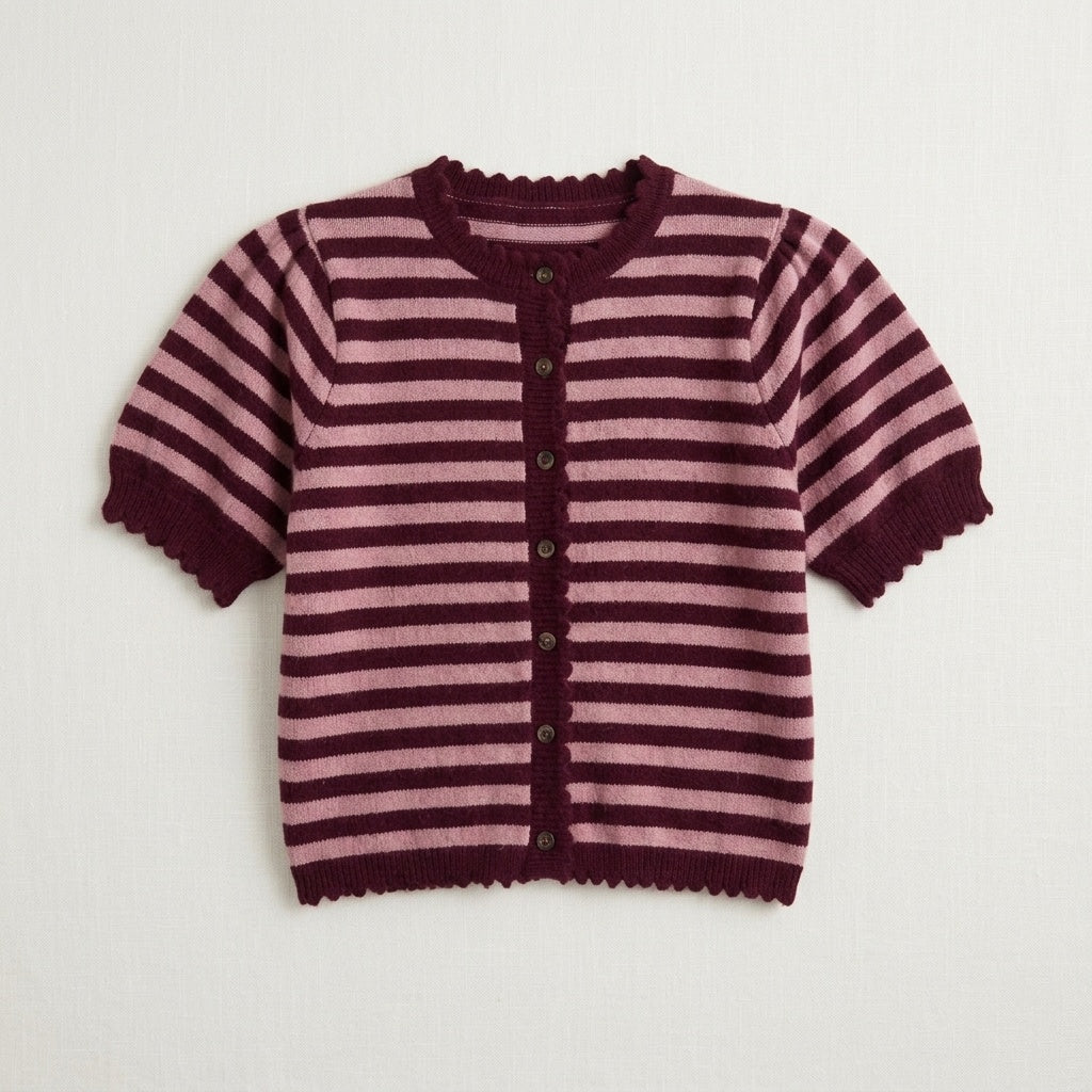 Striped Short Puff Sleeve Knit Cardigan