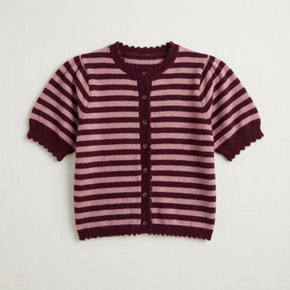 Striped Short Puff Sleeve Knit Cardigan