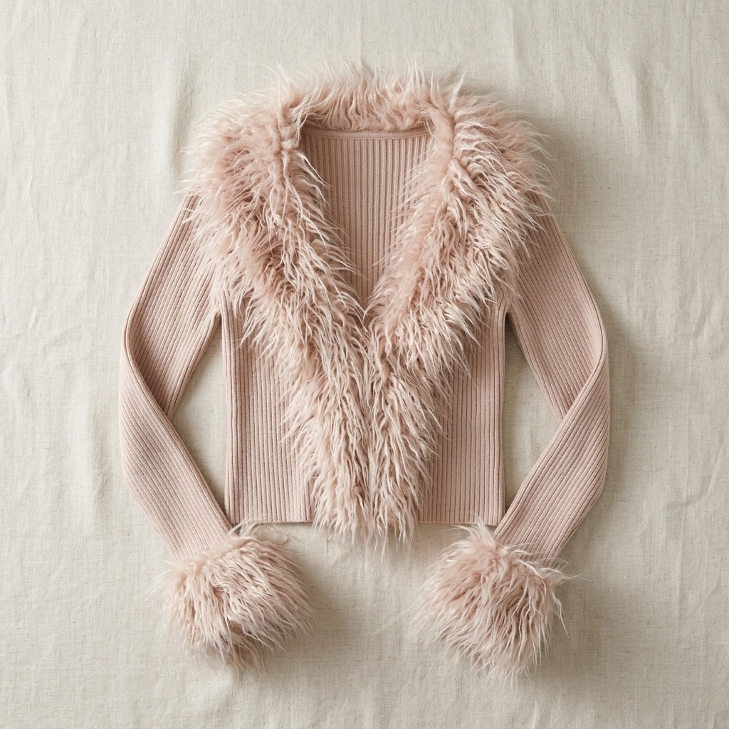 FAUX FUR TRIM KNIT CARDIGAN