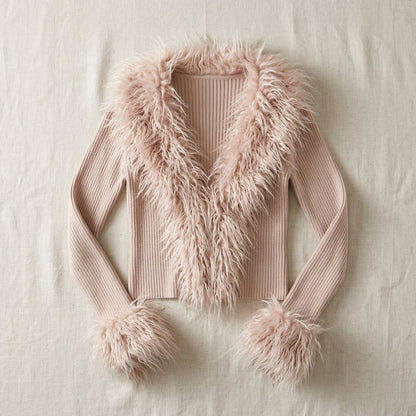 FAUX FUR TRIM KNIT CARDIGAN