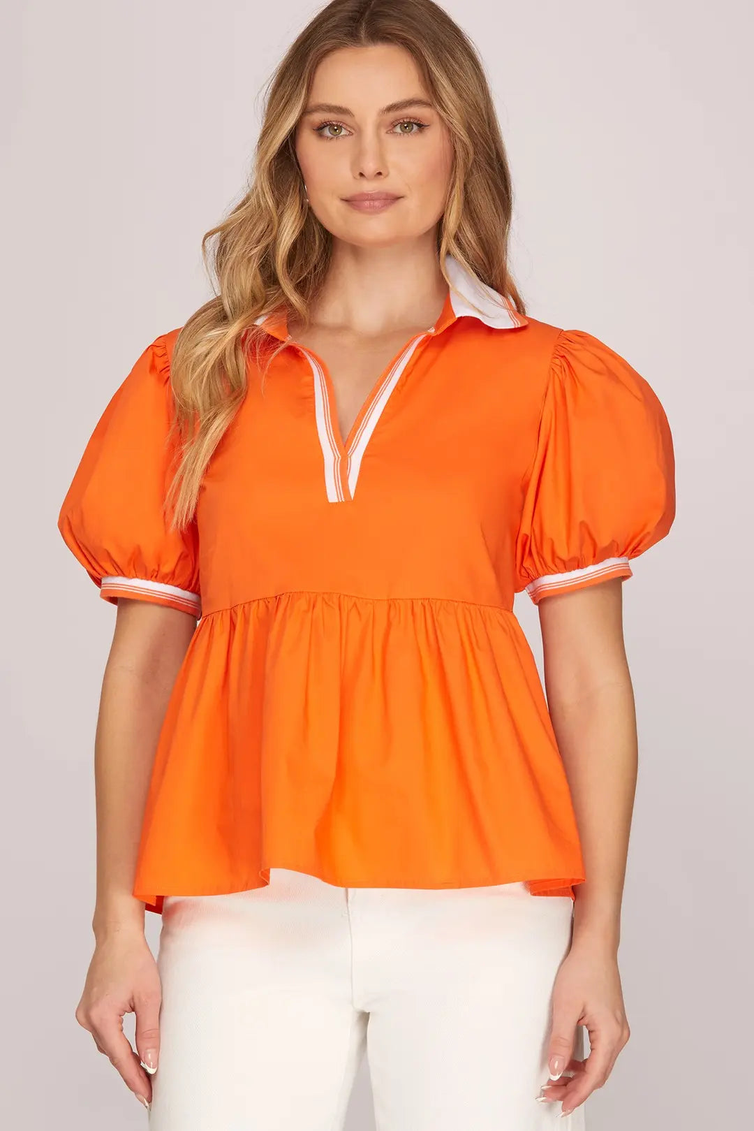 Collared Puff Sleeve Peplum Top