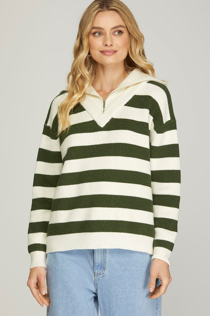 Half Zip Mock Neck Striped Sweater