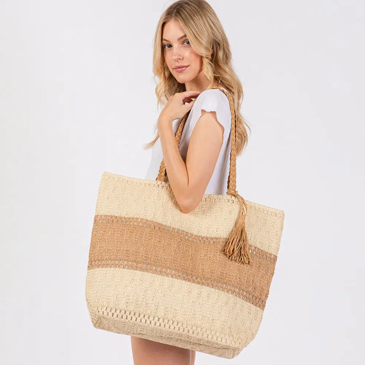 Two Tone Tassel Tote Bag