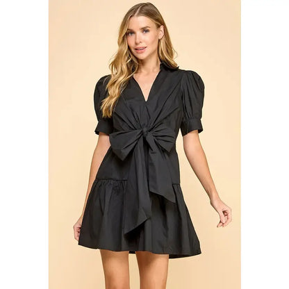 Poplin Collared Dress with Bow