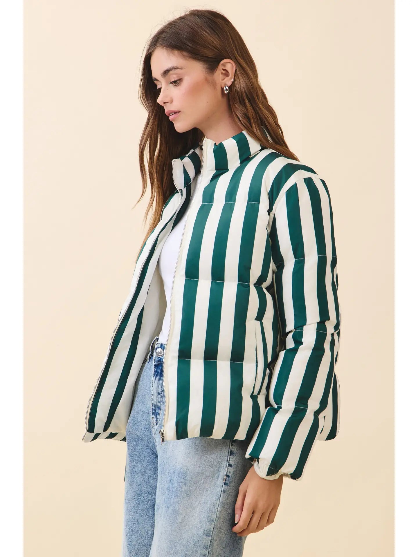Vertical Striped Quilted Puffer Jacket